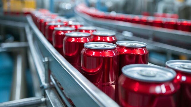 Red canned soft drink production factory on conveyor belt