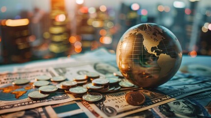 Globe on gold coins and US paper bills. Concept of global business and finance.
