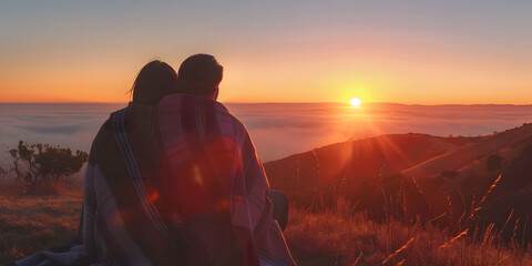 sunset in the desert, A couple watching a sunrise from a hilltop, wrapped in a blanket and savoring the start of a new day together