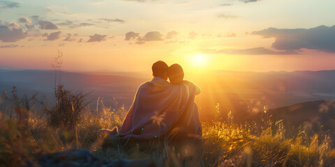 Obraz premium person meditating in the sunset, A couple watching a sunrise from a hilltop, wrapped in a blanket and savoring the start of a new day together