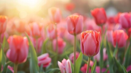 Amazing white, red, pink tulip flowers blooming in a tulip field, against the background of blurry tulip flowers in the sunset light. Fresh bright yellow spring tulips, Bouquet of spring tulips