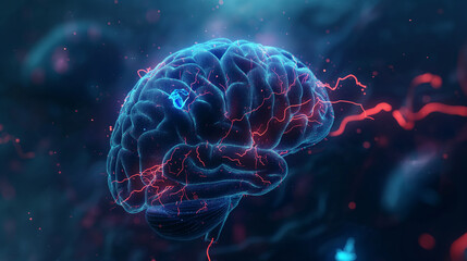 X-ray scanner art of the human brain with electrical impulses around it, going through neural connections