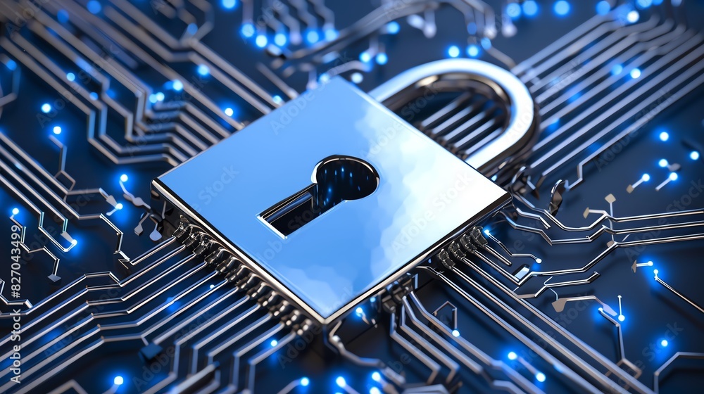 Poster cybersecurity concept with a padlock on a circuit board symbolizing data protection and digital secu