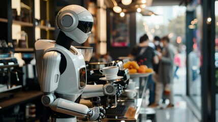 An AI robot serving coffee to customers in a busy urban cafe