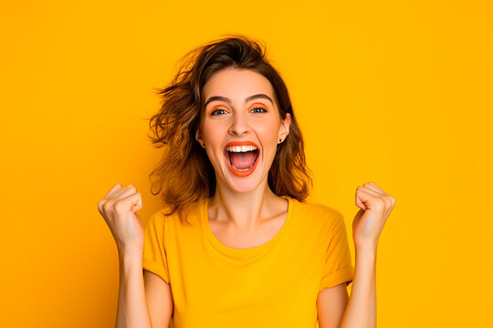 A woman in a yellow shirt is smiling and raising her hands in the air