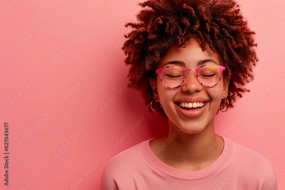 Wall mural A woman with curly hair and glasses is smiling and looking at the camera