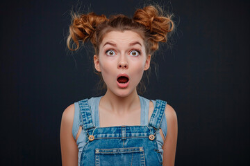 A young woman with long hair and blue overalls is looking surprised