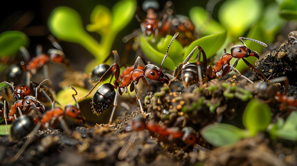 Close-Up of Busy Ant Colony Displaying Cooperative Behavior and Teamwork in Natural Habitat