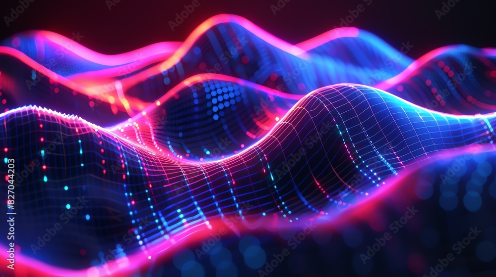 Aufkleber abstract neon glowing waves with a futuristic digital grid design, representing data and technology 