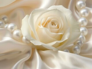 Elegant ivory rose on a silky fabric background, adorned with pearls. Perfect for wedding or romantic themed designs and decor.