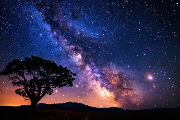 Naklejka premium Stunning night sky filled with countless stars. with the Milky Way galaxy stretching majestically across the horizon.