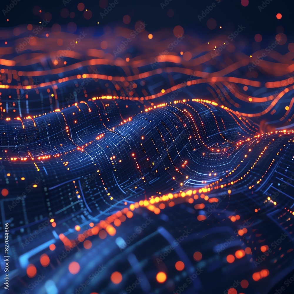 Poster abstract digital wave with glowing orange and blue lights representing data flow and technology.