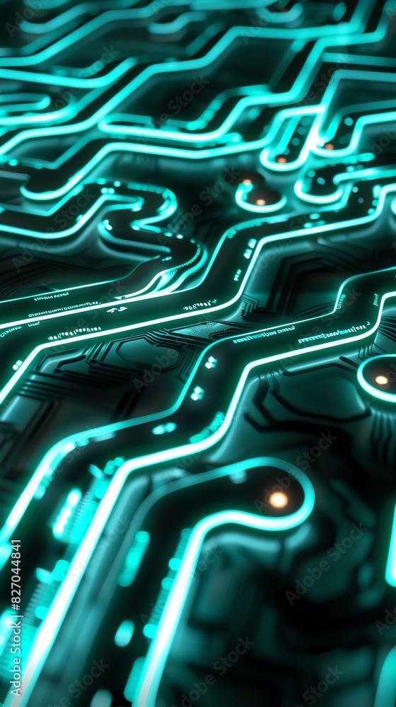 Poster futuristic glowing circuit board with intricate pathways and blue neon lines, representing advanced 