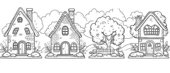 Obraz premium Coloring Page for kid Cartoon House and tree collection set Theme Cute Cottage cozy house nestled among trees. home and nature in a serene forest setting