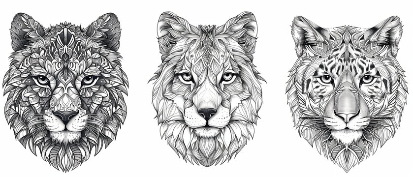 Wild lion and tiger Head Illustration. coloring book pages mandala animals beautiful art