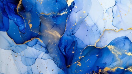 abstract background with alcohol ink painting, royal blue and white tones with gold cracks, gold leaves, abstract fluid art