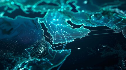 Abstract map of Saudi Arabia, Middle East and North Africa, concept of global network and connectivity, data transfer and cyber technology, information exchange and telecommunication