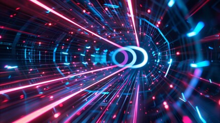 Obraz premium Abstract futuristic technology abstract background with lines for network, big data, data center, server, internet, speed. dark blue and pink neon lights into digital technology tunnel, generative ai