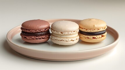 Fototapeta premium French macarons arranged in a minimalist fashion on a white plate.