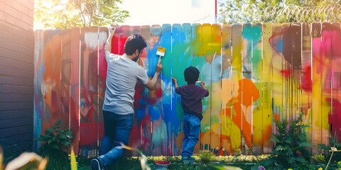 A parent and child painting a mural on a backyard fence, expressing their creativity and working together on the colorful project
