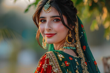 Fototapeta premium beautiful Indian woman with traditional wear and jewelry