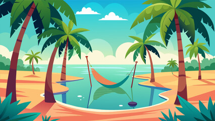 Naklejka premium A tropical paradise complete with swaying palm trees hammocks and a crystalclear lagoon designed to evoke a sense of calm and tranquility.. Vector illustration