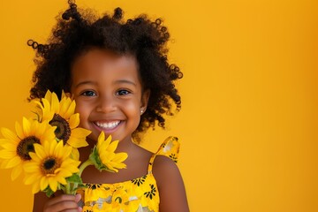 young girl wearing a sunflower dress  She has a big smile and is holding a small bouquet of sunflowers
