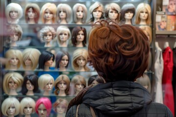 a person is looking at wig shop with a lot of wig on display