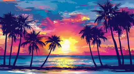 Illustrate a vector graphic of a beach scene with a gradient sunset, featuring silhouettes of palm trees against the colorful sky