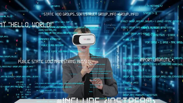 IT developer analyzing intelligent website development coder system running data by VR glasses screen innovation interface digital infographic network technology visual hologram server. Contraption.