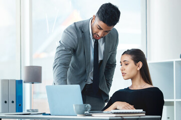 Obraz premium Pregnant woman, man and creative workspace with discussion, interview and affirmative action for new job. Web designer, office and recruitment process for intern hiring, crm goals and employee growth