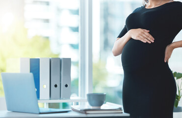 Pregnant woman, business or hands on stomach to relax on break as office administrator for company...