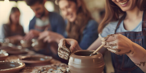 A group of friends taking a pottery class, getting their hands dirty and creating unique ceramic pieces