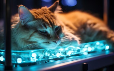 Cozy cat resting on a ledge illuminated by blue string lights, creating a serene and ambient atmosphere.