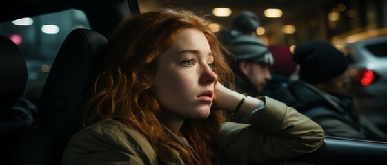 Fototapeta premium Pensive woman with red hair looking out car window, illuminated by city lights. Urban scene, capturing feelings of contemplation and melancholy.