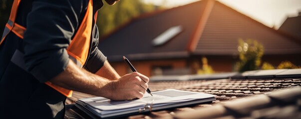 Professional inspector writing report on house roof. Ensuring safety and quality in construction. Residential building inspection concept.