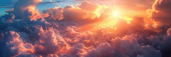 Stunning sunset above clouds with vibrant colors, breathtaking view of the sky painted with warm hues of orange, pink, and gold, capturing the beauty of nature in a heavenly scene
