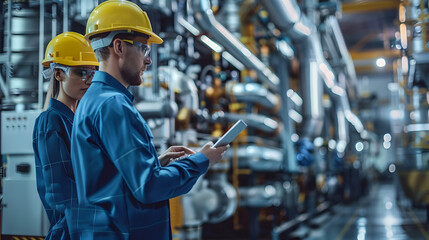 Two professional engineer use digital tablet discuss work in manufacturing factory plant industry