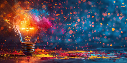 Light bulb with colorful particles and bokeh background, creating a vibrant and creative scene that combines innovation and art with a dynamic and visually striking effect.
