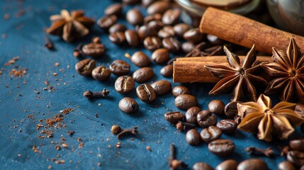 Spices like star anise and cinnamon with coffee beans against a dark blue backdrop
