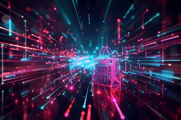 Obraz premium A futuristic digital landscape with data streams converging into a virtual shopping bag, bright neon hues, and high-tech interface elements with ample copy space 