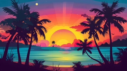 Illustrate a vector graphic of a beach scene with a gradient sunset, featuring silhouettes of palm trees against the colorful sky