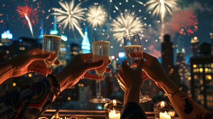 of friends clinking glasses in a toast at a rooftop dinner party, the city skyline in the background lit by fireworks, Memorial Day, Independence Day, with copy space