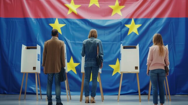 People voting against the backdrop of the EU flag