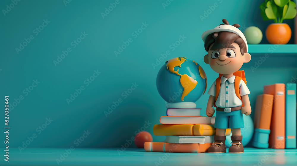 Poster a cartoon boy stands in front of a stack of books and a globe. the scene is set in a classroom or a 