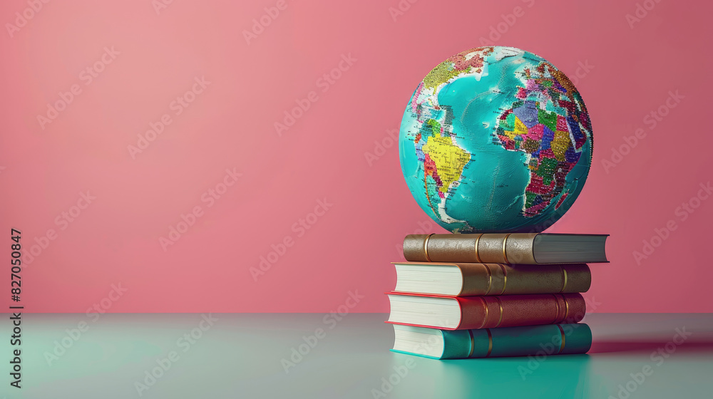 Poster A globe sits on top of a stack of books. The books are arranged in a pyramid shape, with the largest book at the bottom and the smallest at the top. Concept of curiosity and exploration