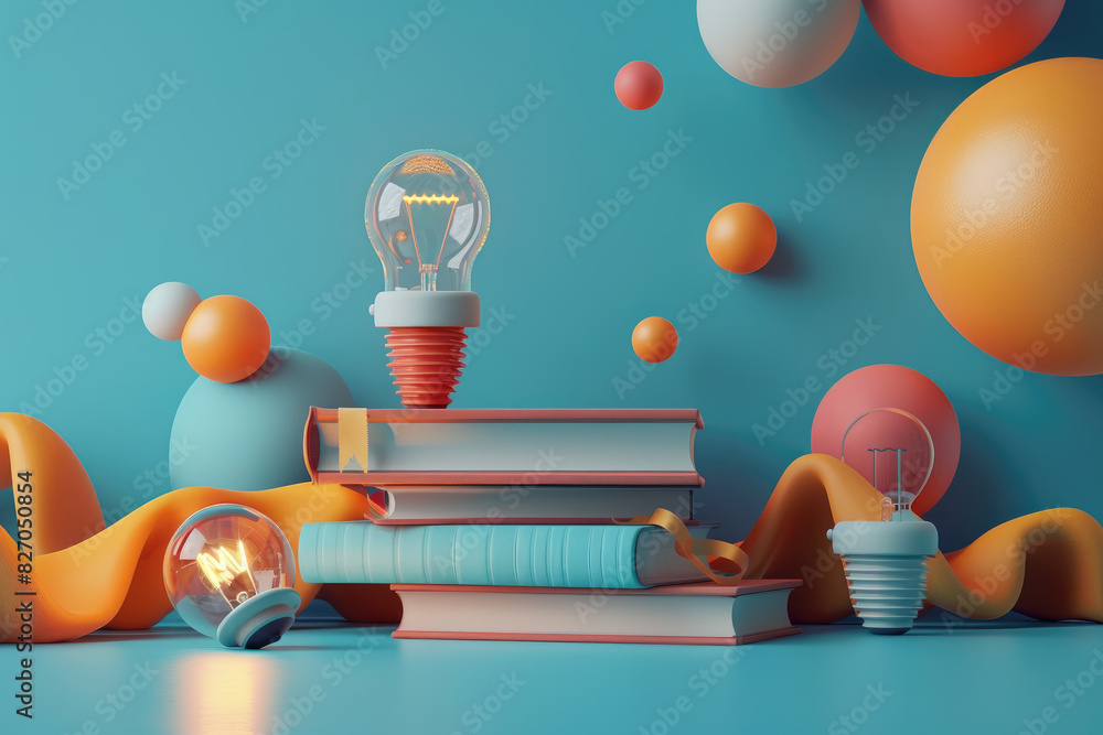 Poster a stack of books with a light bulb on top and a light bulb on the bottom. the light bulbs are lit up