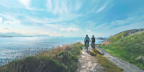 a couple enjoying a scenic bike ride along a coastal path, with the ocean breeze and stunning views enhancing their experience