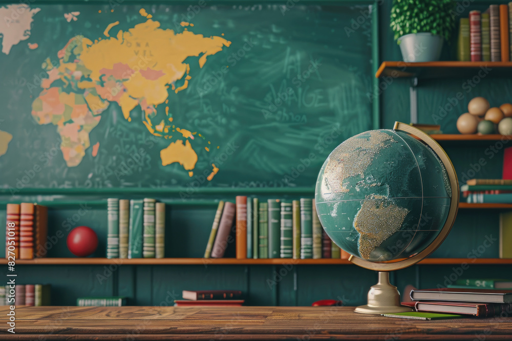 Aufkleber a globe sits on a desk in front of a green chalkboard with a map of the world on it. the room is fil