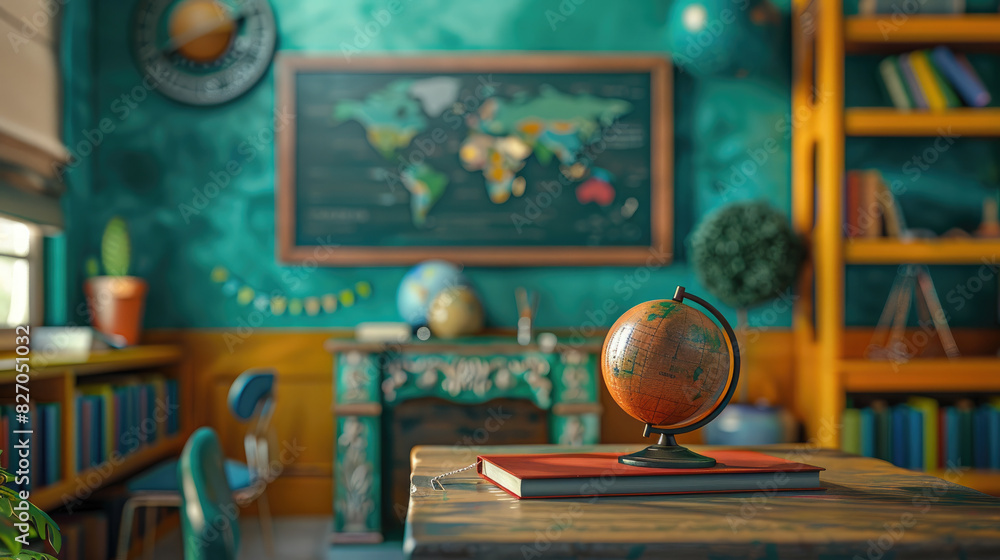 Poster a classroom with a globe on a table in front of a chalkboard. the room is decorated with a blue and 
